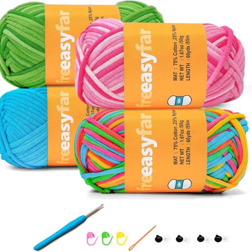 4x50g Beginner Crochet Yarn for Crocheting and Knitting; Beginner Easy Yarn kit with Tool Set (Rainbow+Strawberry+Lawngreen+Aqua, 4 Skein)
