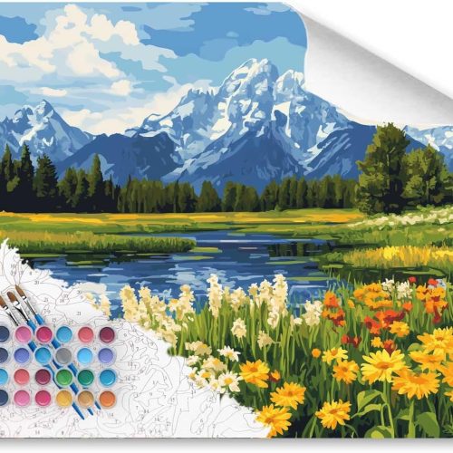 Grand Teton Paint by Number, Grand Teton National Park Paint by Numbers Kit for Adults, Mountains Landscape Canvas Wall Art, Lake Tree Wildflowers Acrylic Painting Home Decor(16x20inch, Unframed)