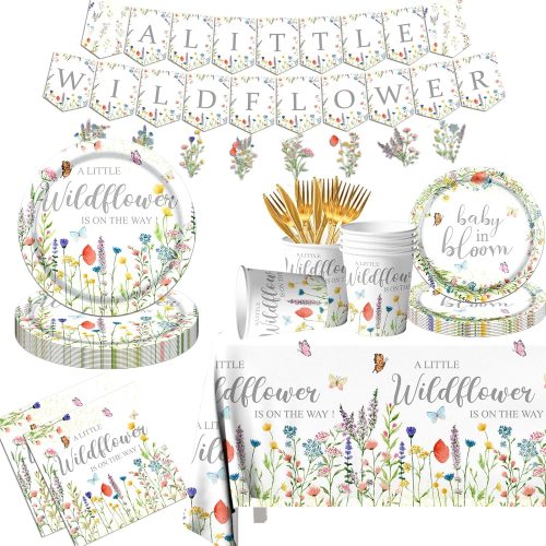 Wildflower Baby Shower Decorations - 142pcs Party Supplies With Tableware, Plates, Napkins, Tablecloth for Girl's Spring White Flower Birthday