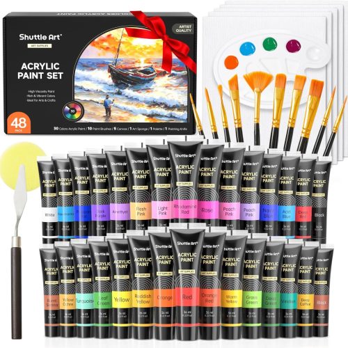 Shuttle Art 48 Pack Acrylic Paint Set, 30 Colors Acrylic Paint (36ml) with 10 Brushes 5 Canvas 1 Paint Knife 1 Palette 1 Art Sponge, Complete Set for Kids, Adults Painting on Canvas Rocks Wood Ceramic