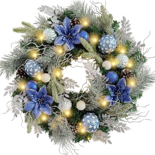 1 Pre-Lit 24 Inch Christmas Wreath for Front Door Silver Blue Lighted Christmas Door Wreath Decoration with Ball Ornaments, Poinsettia Flowers,Pine Cones, Battery Operated 30 LED Lights