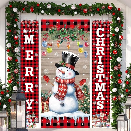 3 Pcs Christmas Snowman Door Cover Buffalo Plaid Merry Christmas Door Banner Xmas Festival Holiday Backdrop Porch Hanging Covers for Classroom Home Outdoor Indoor Decoration