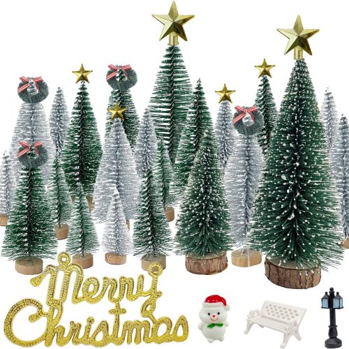 Miniature Christmas Pine Tree mini Bottle Brush Christmas Trees Table top Village Winter Tree for Christmas Decorations Wooden Bases （36pcs）