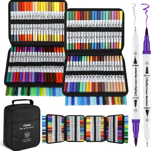 Ohuhu Markers for Adult Coloring Books No Bleeding 160 Colors Water-based Dual Tips Fineliner & Brush Coloring Markers for Kids Adults Beginners Drawing Pens for Journaling Lettering - Maui - White