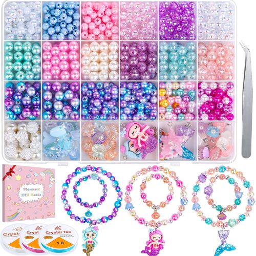 Qinzave 802Pcs Mermaid Beads Jewelry Making Kit, Mermaid-Inspired Beads & Charms Set with Elastic Strings and Tools, Bracelet & Necklace Craft Supplies