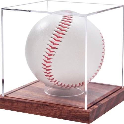 Baseball Display Case, No Assembly Required Clear Cube Tennis Ball Holder with Solid Wooden Base, Autograph Baseball Stand Box for Single Ball (1 Pack)