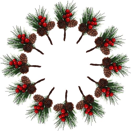 QLINLEAF Christmas Red Berry Stem Floral Pine Cone Artificial Branch Evergreen Decoration - 12 Pieces for DIY Holiday Crafts and Garland