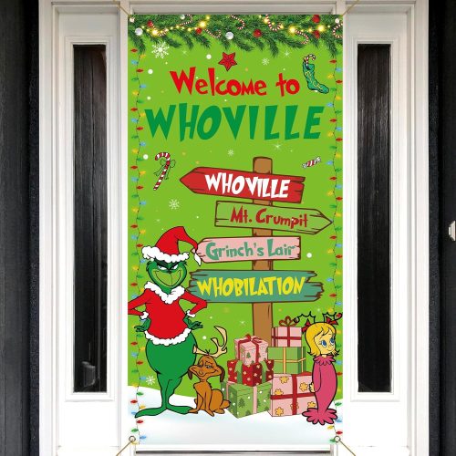 Sunwer Welcome Xmas Door Cover Green Elf Christmas Winter Holiday Party Decoration Front Porch Sign Backdrop Banner for Home Indoor Outdoor Decor