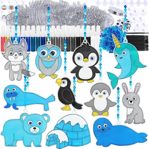 Winlyn 33 Sets Winter Polar Animal Suncatchers Ornaments Decorations DIY Window Paint Art Suncatchers Winter Craft Kits Winter Sun Catchers for Kids Christmas Holiday Classroom Activities Art Project