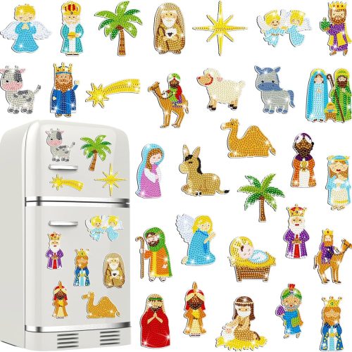 30 Pcs Christmas Nativity Scene Magnetic Diamond Art Decor Religious Nativity Diamond Painting Magnets Kits Adult DIY Art Fridge Magnet Refrigerator Sticker for Beginners Gifts Home Car Garage Decors