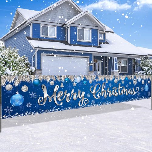Blue Merry Christmas Large Banner Decorations, Xmas Outdoor Indoor Decorations for Christmas Holiday Party Supplies Decor Backdrop Yard Porch Sign Garden Lawn House Fence Garage Outside