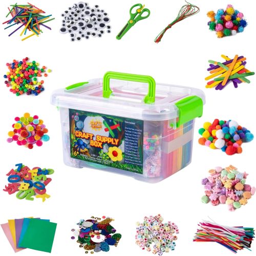 Jumbo Arts & Crafts Kit Box - 2,000+ Pieces Pompoms, Craft Sticks, Pipe Cleaners, Scissors, & More in Large Craft Box - Art Supplies Set for Adults & Kids Age 6,7,8,9,10,11,12 - Large Organizer Box