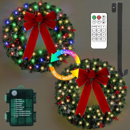 1 24in Prelit Christmas Wreath with Lights Timer and Remote, Waterproof Battery Operated Christmas Door Wreath for Front Door Christmas Decorations with Pinecone Berries Bow and Wreath Hanger