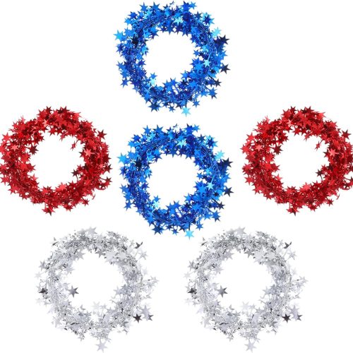 Shappy 6 Rolls Patriotic Garlands Star Wire Tinsel (24.6 Feet Per Roll) Red White and Blue 4th of July Party Decorations Independence Day Memorial Outdoor Indoor for Wreath Making