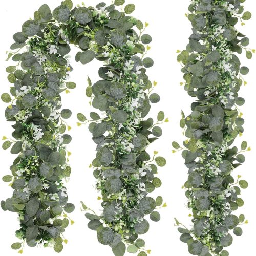 N&T NIETING 2 Pack Artificial Eucalyptus Garland with Flowers, Faux Greenery Garland Decor 6FT Eucalyptus Vines, Fake Hanging Vines Summer Garlands for Mantle Wedding Backdrop Decorations