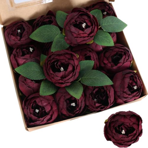 16pcs Dark Red Peonies Artificial Flowers 3.5'' Big Fake Peonies Silk Flowers Bulk Faux Vintage with Stems for Wedding Bridal Centerpieces Table Decor Floral Arrangements (Burgundy)
