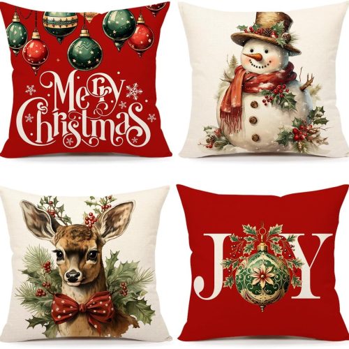 4TH Emotion Christmas Pillow Covers 18x18 Set of 4 Red White Farmhouse Xmas Decorations Snowman Deer Joy Winter Holiday Decor Throw Cushion Case for Home Couch S24C04