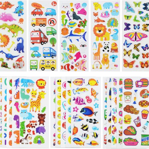 24 Sheets(500+) 3D Puffy Stickers for Toddlers Kids, Bulk Preschool Sticker Sheets for Reward, Craft, Scrapbooking Including Animal, Fruits, Dinosaurs, Fish and More