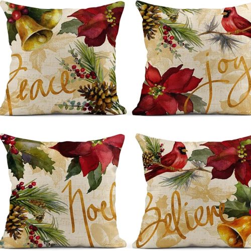 Set of 4 Linen Throw Pillow Covers 16x16 Inch Christmas Watercolor Poinsettia Cardinal Home Decor Pillowcase Square Cushion Covers for Sofa Bed Couch Car