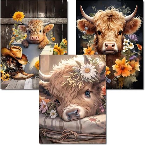 Axquilon Diamond Art Kits for Adults - 3 Pack Highland Cow Diamond Painting Kits for Adults, 5D Round Full Drill Cow Gem Art, Paint by Diamonds Pictures DIY Crafts Kits 12x16inch