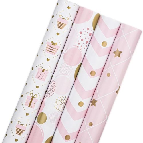 JUSTASHOW Gift Wrapping Paper for Birthday, Christmas Baby Shower(Pink), 4 Rolls Birthday Wrapping Paper for Girls Women kids adults, 17x118 Inches Per Roll