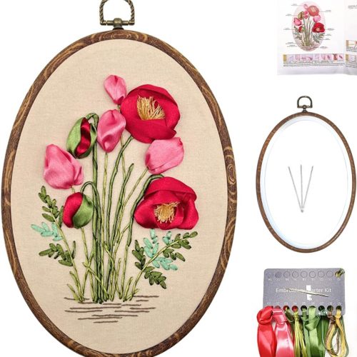 FONNUY Ribbon Embroidery 3D Flowers Pattern Design Kit Embroidery DIY Handwork Set Oval Home Decoration (Red Rose)