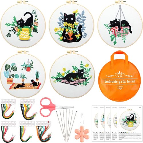 5 Sets Embroidery Starter Kit with Black Cat Patterns and Instructions, DIY Adult Beginner Cross Stitch Embroidery Kits, Including 2 Plastic Embroidery Rings, 1 Scissor, Colored Threads Needles