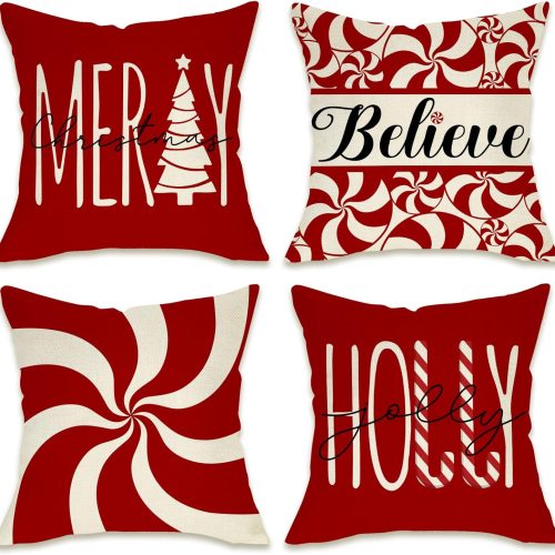 Fahrendom Merry Christmas Tree Decorative Throw Pillow Cover 18 x 18 Set of 4, Xmas Red Candy Canes Porch Patio Outdoor Pillowcase, Winter Holiday Holly Jolly Gifts Cushion Case Home Decor