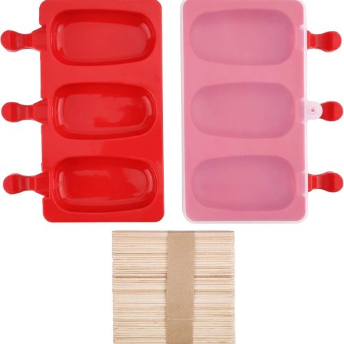 3 Cavities Silicone Popsicle Molds with Lid, BPA Free Homemade Ice Cream Bar Mold Ice Pop Molds DIY Cakesicle Molds Silicone with 50 Wooden Sticks, Set of 2 (Oval)