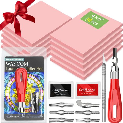 WAYCOM 10-Pack Linoleum Blocks for Printmaking with Cutter Tools, Rubber Stamp Making Kit Rubber Block Stamp Carving Blocks Craft Ink Pad Hobby Knife Pencil for DIY Printmaking,Printing and More