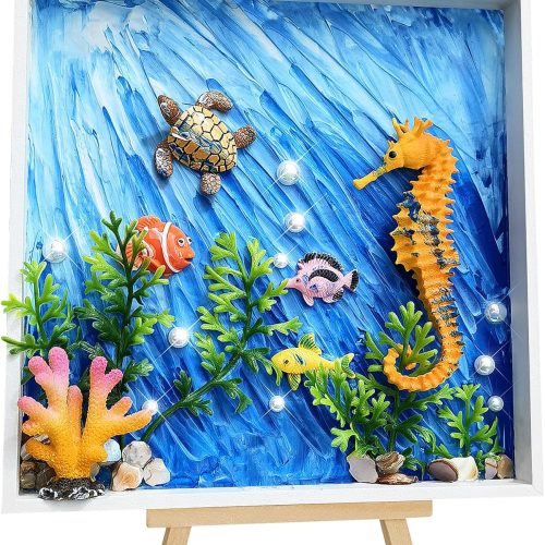 DIY Ocean Painting Kit, DIY Mosaic Arts and Craft Kits with Sea Animal Plant Accessories, Handmade Sticker Painting Kit for Kids Christmas Room Decor, Blue & White