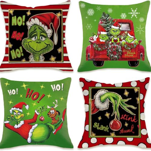 Christmas Pillow Covers Set of 4 for Decoration - 18x18 Throw Pillow Case for Farmhouse Home, Sofa, Bed, Indoor, Winter, Holiday (Green)