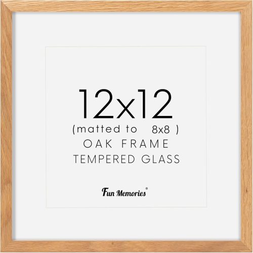 12x12 Picture Frame, Solid Oak Wood 12"x12" Photo Frame for Wall, 12 x 12 Frame Matted to 8 x 8, Square 12x12 Frame, Tempered Real Glass, 12 x 12 Collage Gallery Frames - Natural Oak Color, 1 Pack