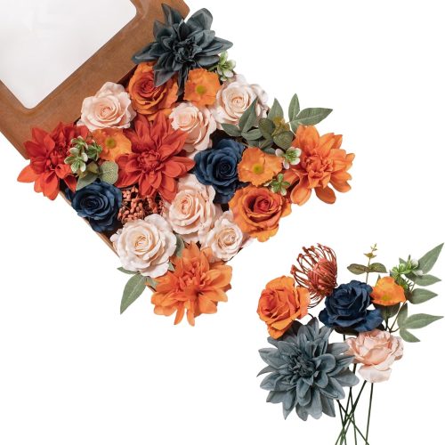 FANKO Rose Artificial Flowers Combo for DIY, Fake Burnt Orange & Navy Blue Rose Silk Flowers Greenery, Faux Flowers for Wedding Bridal Bouquet, Table Centerpieces, Floral Arrangement, Home Decoration