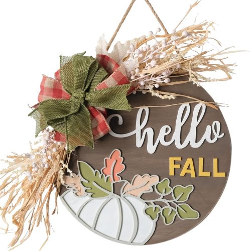 1 Pumpkin Hello Fall Door Sign Wreath with Burlap Bow & Natural Lafite Grass Maple Leaves - 14" Fall Door Hanger Farmhouse Porch Decorations for Autumn Harvest Day - Fall Wreaths for Front Door Outside