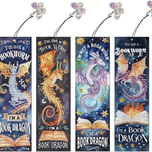 4pcs Diamond Art Bookmarks,Diamond Painting Bookmark Kits for Adult,DIY Gem Art Small Crafts with Rhinestone Tassel,Paint by Diamonds for Graduation Birthday Reader Gifts (Dragon)