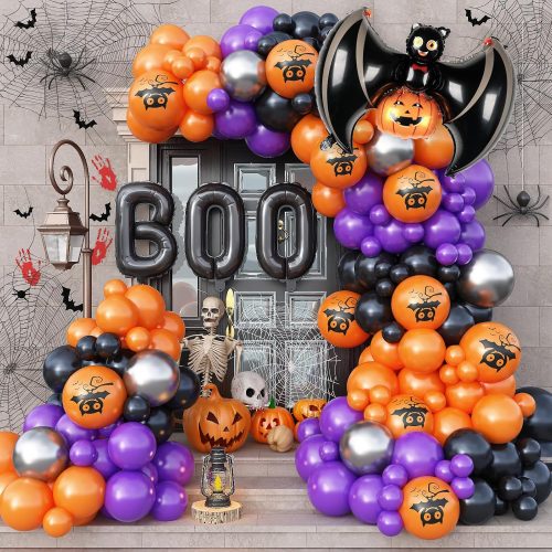Halloween Balloon Garland Arch Kit - 138 Pcs Halloween Party Balloons with Black Orange Purple, Pumpkin, Bat, Boo Balloon Metallic Silver Balloons for Birthday Horror Party Decorations