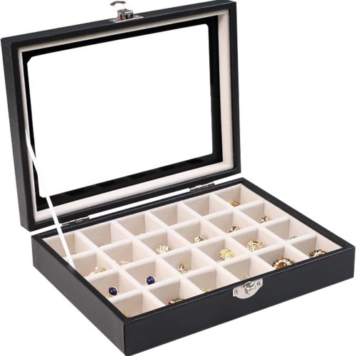 Wudygirl 24 Grid Jewelry Box Velvet Jewelry Organizer with Clear Lid Ring Holder for Drawers Earring Holder Organizer Ring Storage Jewelry Display Case for Women Girls (Beige)
