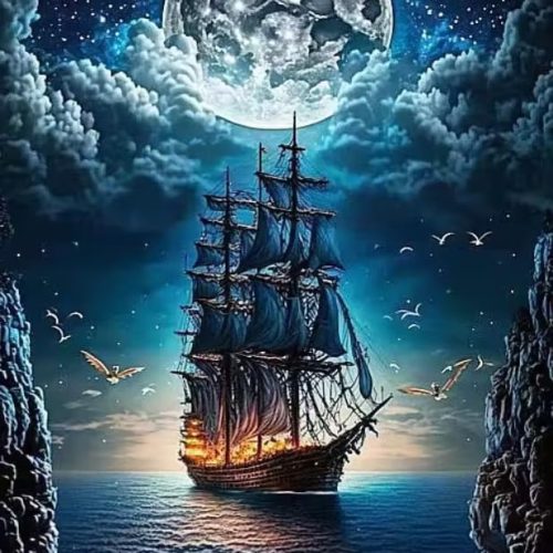 1 SHONGSHU 5D Diamond Painting Art Kit for Adults, Moonlit Sailing Ship at Sea, Fantastic Landscapes DIY Full Drill Dots Gem Art Paint for Home Wall Decor 12 x 16 Inch