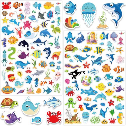 LINAYE 1480PCS Ocean Stickers for Kids, 24 Sheets, Vinyl, Waterproof Under The Sea Fish Animal Stickers for Ocean Sea Party Favors, Scrapbooking, Water Bottles