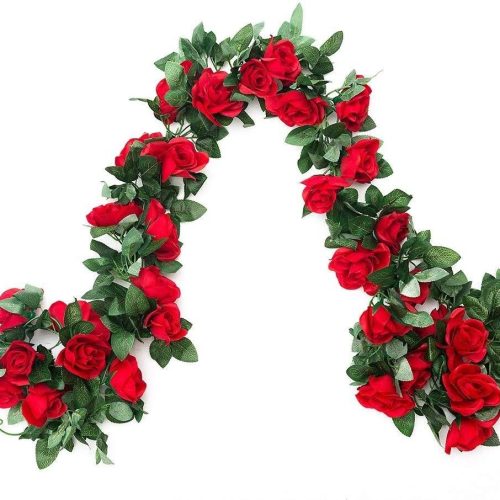 2 Pack (16FT) Artificial Rose Vine Flowers Plants Fake Flower Vine for Wedding Home Garden Craft Art Decor Valentine's Day Mother's Day Party Decoration Red