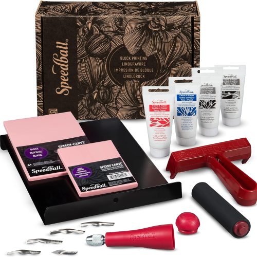 Block Printing Fabric Deluxe Kit, 14 Pieces, Includes Inks, Brayer, Bench Hook, Lino Handle and Cutters, Speedy-Carve Relief Blocks