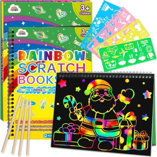 Scratch Paper Art Craft: 2 Pack Rainbow Scratch Set for 3 4 5 6 7 8 9 10 Years Old Girls Boys Students Drawing Coloring Black Magic Art Supplies Kits Gifts School Birthday Party Toys(Classic)