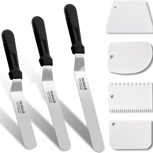 Icing Spatula, 3 Pieces Professional Angled Offset Frosting Spatulas with 6", 8", 10" Stainless Steel Blades & 4 Pack Cake Smoother Scraper for Cake Decorating, Baking & Pastry (Set of 7)