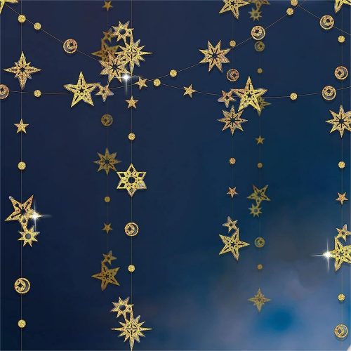 Glitter Gold Star Garlands Star Party Decoration Celestial Streamer Space Birthday Decorations Galaxy Backdrop Hanging Stars Moon Garland Ramadan EID New Year Eve Graduation Decor