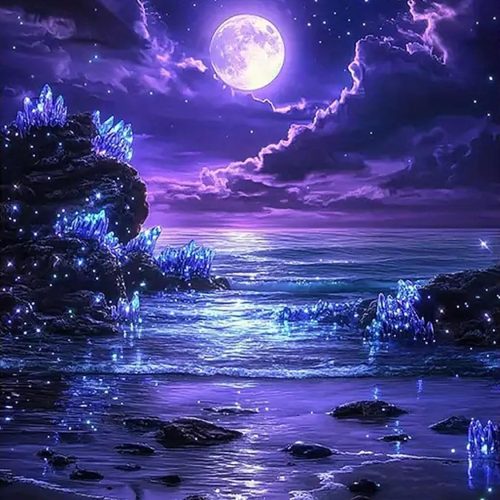 5D Purple Moonlight Beach Diamond Art Kits for Adults,Full Round Drill Diamond Painting Kits for Beginners Full Moon Seaside ,DIY Gem Art and Crafts Paint by Diamonds Crystal,Home Wall Decor 12X16Inch