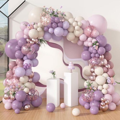 173Pcs Dusty Purple Balloon Arch Garland Kit, Double-stuffed Pink White Sand Lavender Lilac Light Purple Rose Gold Confetti Balloons for Baby Bridal Shower Wedding Birthday Party Decorations