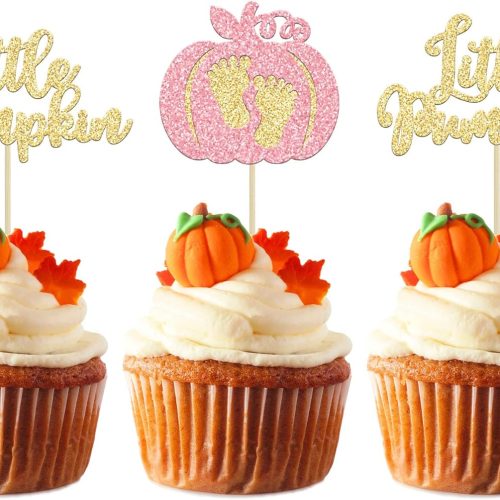 1 24pcs Little Pumpkin Cupcake Toppers - Pink Glitter Pumpkin Cupcake Picks for Girl Baby Shower Decorations, Fall Harvest Theme Kids Birthday Party Supplies