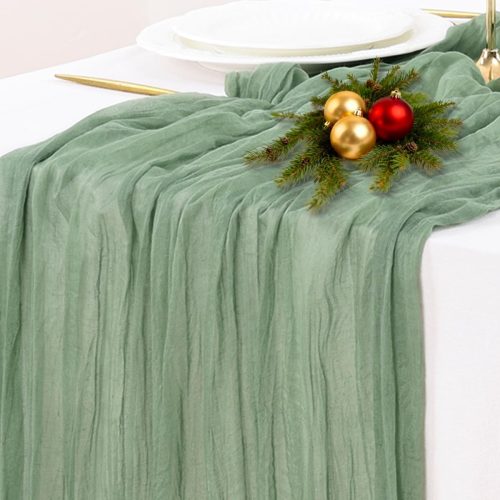 Socomi Sage Green Cheesecloth Table Runner Fall Thanksgiving Boho Rustic Farmhouse Gauze 120 inch 10FT Cheese Cloth Runner for Wedding Party Baby Shower Birthday Home Decor Holiday Decorations