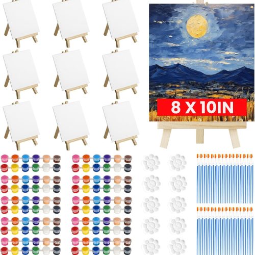 1 10 Pack Canvas Painting Kit for Adults Kids, 8 x 10 inch Small Canvases Boards with Wood Easels, Brushes, Palettes, Acrylic Paint Set, Mini Painting Kit Canvas and Easel Set for Paint Party Supplies